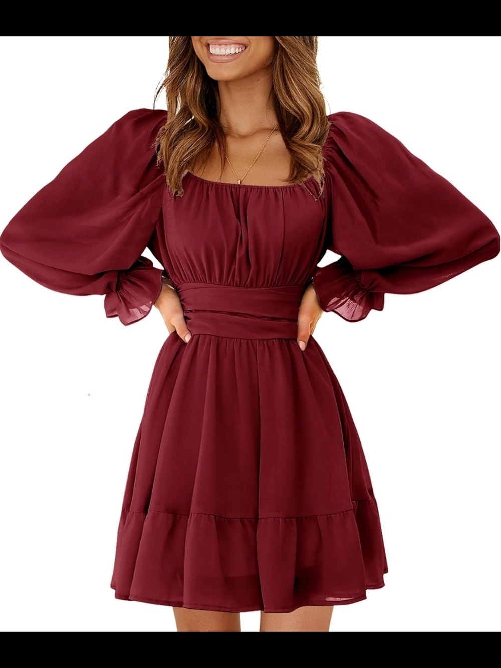 Womens Burgundy Puff-Sleeve Square Neck Mini Dress